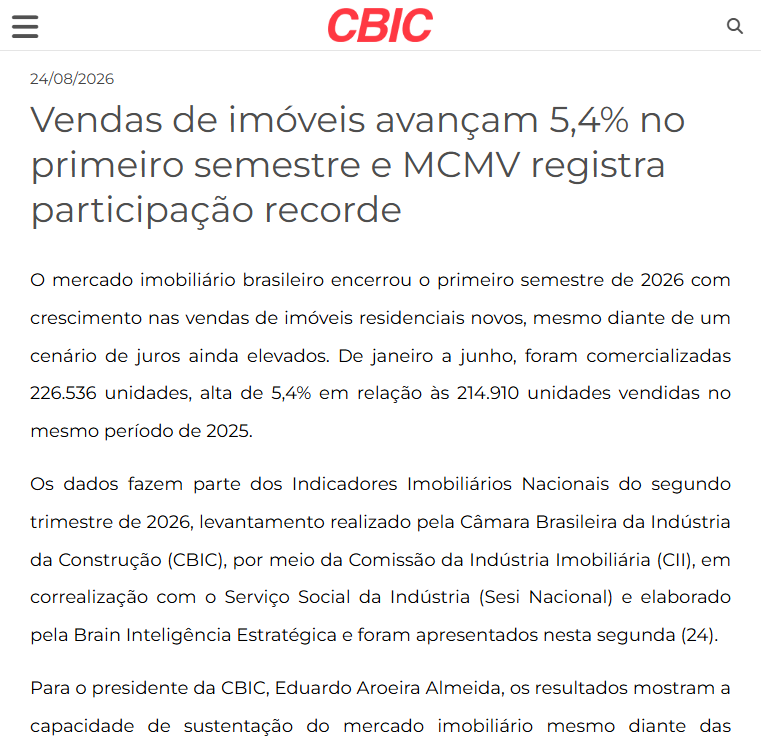 Vendas avançam 5,4% e MCMV recorde - CBIC